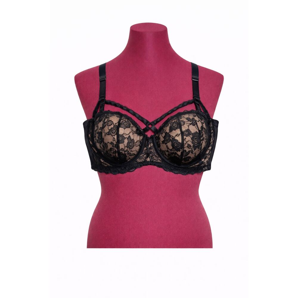 Adore Me Leia Strappy Lace Crisscross Underwire High Lift Bra size 44G Black